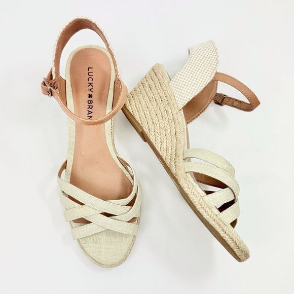 Lucky Brand KALLEY Neutral Tan Crisscross Strap Open Toe Espadrille Wedge Sandal - Picture 7 of 15